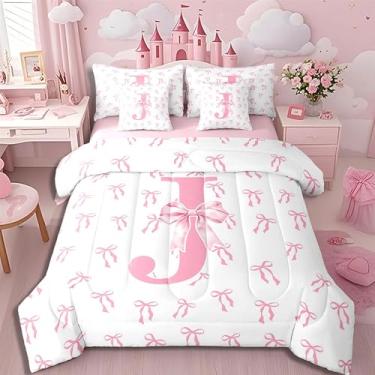 Imagem de Erosebridal Jogo de cama King com laço rosa e letra J, com laço rosa, kawaii, rosa, princesa, lençol com elástico, 7 peças
