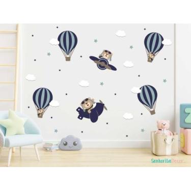 Imagem de adesivo de parede urso aviador balões azul marinho ursinho piloto aviã