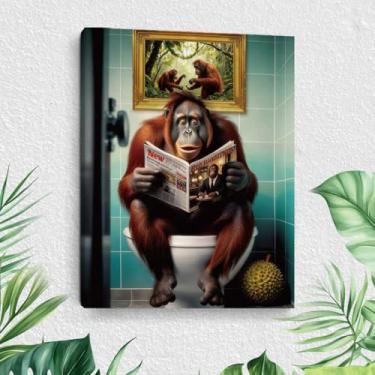 Imagem de Arte engraçada de parede de banheiro de macaco, leitura de macaco em tela de banheiro, decoração de parede, humor emoldurado, imagem de orangotango, banheiro, banheiro, arte, banheiro, banheiro