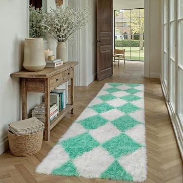 Imagem de HUGEAR Tapete quadriculado 2 x 6 quartos, verde e branco, moderno, tapete felpudo macio, lavável, felpudo e aspirável, para sala de estar, cabeceira, sofá, casa, dormitório, decoração antiderrapante