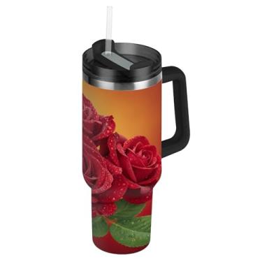 Imagem de ATTX Copo rosa de 1,134 g com alça, copo de aço inoxidável a vácuo de parede dupla com palha, caneca de café de viagem isolada #206