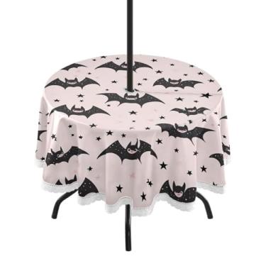 Imagem de Wassud Toalha de mesa redonda para uso ao ar livre com orifício para guarda-chuva, morcegos pretos, toalhas de mesa de 152 cm para aniversário, casa de fazenda, cozinha