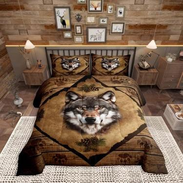 Imagem de Conjunto de edredom solteiro com estampa de cabeça de lobo 3D, 2 peças, estampa de pata de animal selvagem, cabana para crianças, adolescentes e adultos, pinhas, retrô, marrom quadriculado, conjunto
