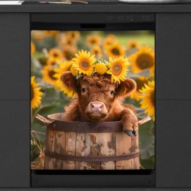 Imagem de Capa magnética para lava-louças Highland Cow Sunflower Front capa de lava-louças decorativa geladeira reutilizável eletrodomésticos adesivos decoração 58 x 66 cm