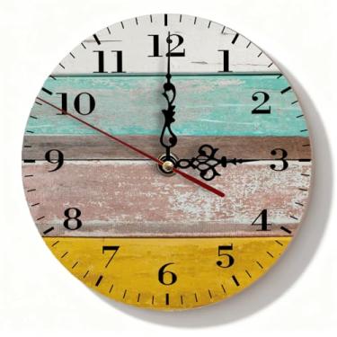 Imagem de Relógio de parede de madeira turquesa e marrom - Shiplap silencioso sem tique-taque decoração rústica para casa de fazenda, cozinha, escritório em casa - 19 cm