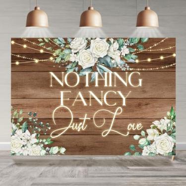 Imagem de Rsuuinu Nothing Fancy Just Love Pano de fundo para casamento, chá de noiva, rústico, retrô, madeira, branco, floral, folhas verdes, luzes para fotografia, fundo, decoração de casal, chuveiro, festa