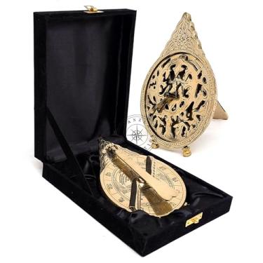 Imagem de Calendário árabe de latão polido, astrolábio, globo astrológico marítimo, com suporte e caixa de presente de veludo, réplica de decoração de casa náutica