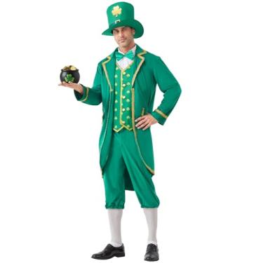 Imagem de Aotiooy Fantasia de duende para homens, conjunto de roupa masculina de luxo para adultos do Dia de São Patrício com jaqueta, calça, chapéu e gravata borboleta, terno de cosplay da sorte verde irlandês