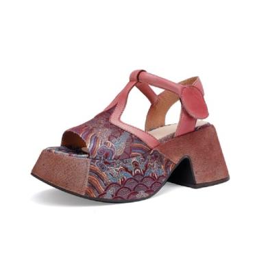 Imagem de Loonglue Sandália feminina gladiadora feminina de couro genuíno com estampa de faixa estreita estilo nacional retrô de verão 50303, Sandálias roxas, 34