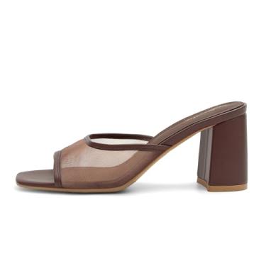 Imagem de WJZDSJCO Sandália de salto para mulheres, salto grosso, quadrada, bico aberto, sem cadarço, sapatos de festa confortáveis, Malha marrom, 38