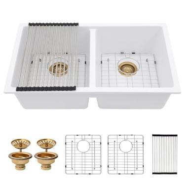 Imagem de Pia de cozinha composta de granito 33 – Couoko Pia de cozinha de granito branco de 83 x 48 cm, pia de quartzo branco sob o balcão, bacia dupla 50/50