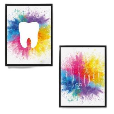 Imagem de Kit 2 Quadros Para Dentista Aquarela 24X18Cm Com Vidro Preta