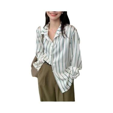 Imagem de Blusa Feminina Vintage De Cetim Listrada De Manga Longa, Camisa Casual