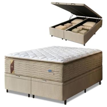 Imagem de Cama Box Baú Casal King Colchão Molas Guarda Costas Max Com Pillow 193x203x81cm Suede Bege/Branco – Suporta Até 180 Kg Por Pessoa