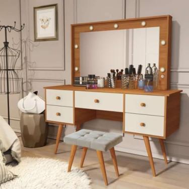 Imagem de Penteadeira Camarim Com Banqueta Com Led Espelho Resistente Moderna Decorativa Madeira MDF Maquiagem (Nature/Off White)