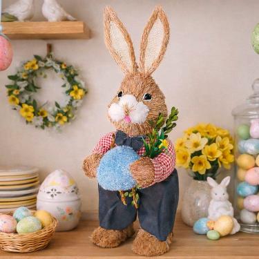 Imagem de Boneco Coelho Decoração Enfeite Páscoa Palha Artesanal 55cm