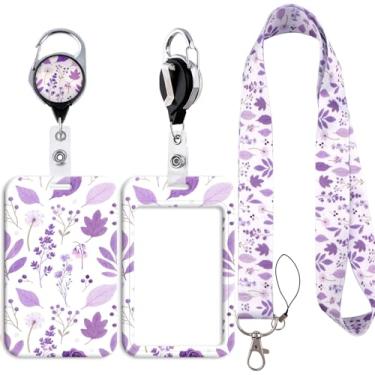 Imagem de Cordão de planta roxa para crachás de identificação, suporte de crachá vertical com clipe retrátil para chaveiro com suporte de identidade, protetor de cartão de nome para mulheres, professoras