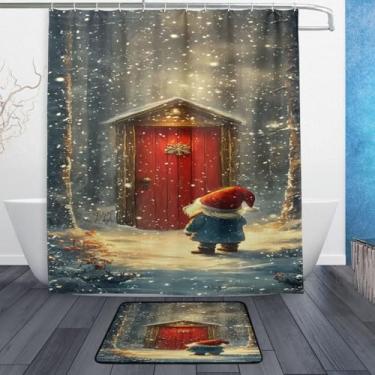Imagem de xigua Gnomos de Natal fofos conjuntos de tapetes de cortina de banho 2 peças, conjunto de tema de banheiro (152 x 182 cm) com cortina de chuveiro e tapete antiderrapante -12 ganchos430