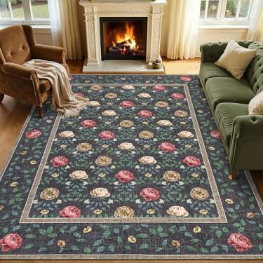 Imagem de GarveeHome Tapete de área 12 x 18 cm, lavável, cinza escuro, boêmio, floral, vintage, antiderrapante, resistente a manchas, estampa botânica, tapete macio para quarto, sala de jantar, berçário