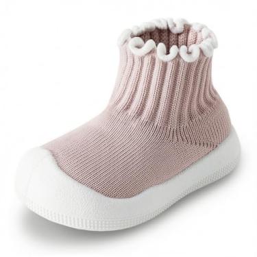 Imagem de Meias para bebês meninas, sapatos de caminhada com babados, antiderrapante, sola de borracha macia, leve, respirável, sapatos descalços, Rosa, 9-12 Months Infant