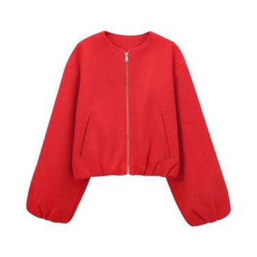 Imagem de Jaqueta Bomber Feminina De Lã Sintética Sólida De Manga Longa Para Out