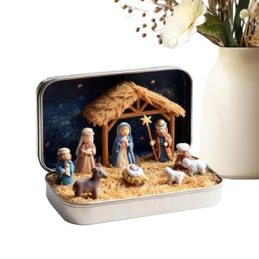 Imagem de Conjunto de presépio em uma caixa de lata | Decoração de Natal de mesa - Enfeite religioso de mesa, para estante, lareira, cornija, mesa de cabeceira, sala de estar, quarto, escritório, igreja, grupos