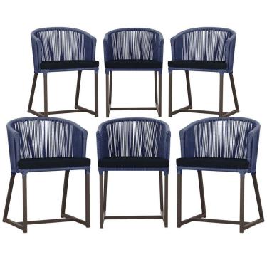 Imagem de 6 Cadeiras De Jantar Noronha Marrom Corda Náutica E12 Trama Azul