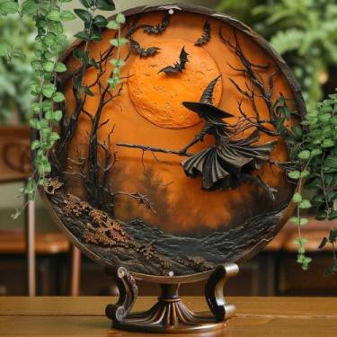 Imagem de Placa Redonda De Alumínio 8x8 Polegadas Com Bruxa Em Vassoura, Arte De