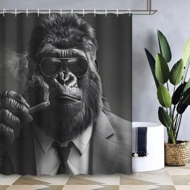 Imagem de Cortina de chuveiro impermeável preta branca Gorilla Art 180x200cm - y