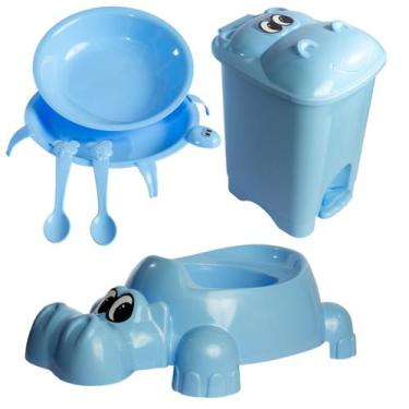 Imagem de Kit Infantil Comedouro Tartaruga + Troninho Hipopotomo + Lixeira Hipop
