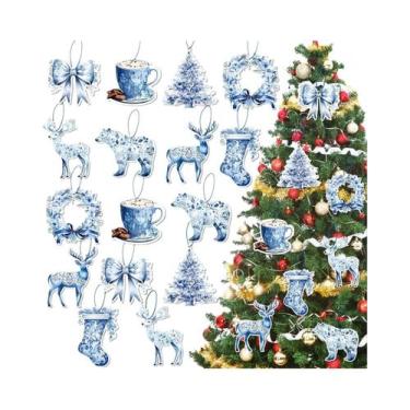 Imagem de Enfeites De Natal Em Porcelana Azul E Branca 16 Peças Decorações Suspe