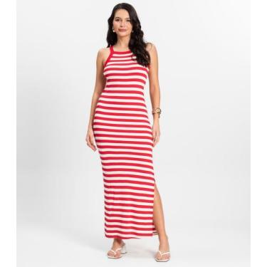Imagem de Vestido Midi Feminino em Ribana Listrada Rovitex Vermelho, M, Vermelho