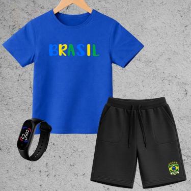 Imagem de Kit Infantil Brasil Completo Camiseta Short Moletinho Relógio Digital Look Menino Presente-Unissex