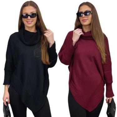 Imagem de Kit 2 Ponchos Bico Feminino Capa Tricô Mousse Liso Gola Alta Inverno C