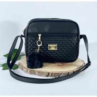 Imagem de Bolsa OEM Alça Transversal Tira Colo Estampa Moderna com Pompom 19x23x9cm Preto Feminino