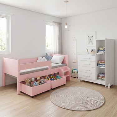 Imagem de Quarto Infantil Luna Plus Rosa com Cômoda Versátil Branca e Estilo Delicado