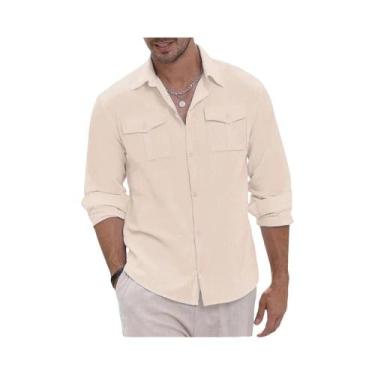 Imagem de Camisa Cargo Masculina De Algodão E Linho Para Outono Com Dois Bolsos,