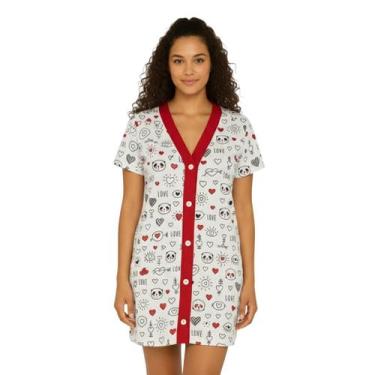 Imagem de Camisola Feminina Adulto Manga Curta Gola V Estampada Botão Larga Maci