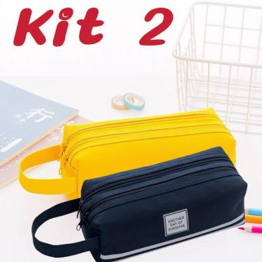 Imagem de Kit 2 Estojos de Lápis Portátil de Lona Camada Dupla Alex OEM com Zíper para Papelaria Escolar
