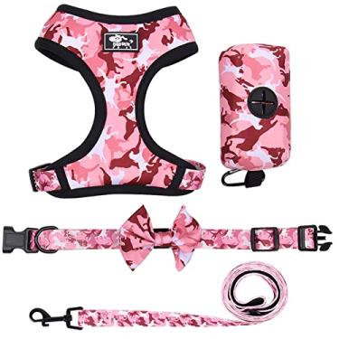 Imagem de SEIS Conjunto de 4 peças de colete para cães refletivos conjunto lesh camuflagem pet gravata borboleta ajustável pequeno arnês para cães com bolsa de cocô dispensador para treinamento de caminhada corrida (rosa, GG)