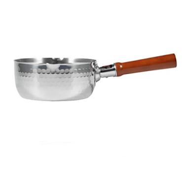 Imagem de Frigideira para neve de aço inoxidável prata de 16 cm, panela de leite japonesa, cabo de madeira, panela de indução de leite quente Geral (Tamanho: 16 cm de comprimento x 7 cm de altura)