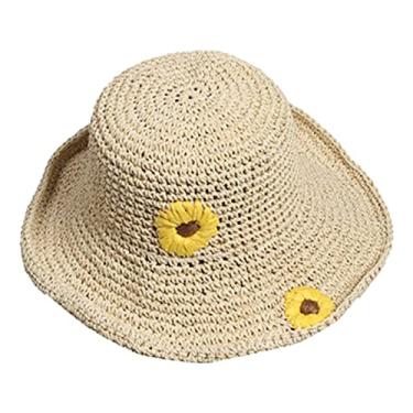 Imagem de Generic Chapéu de praia de palha feminino, chapéu de praia de aba larga embalável para mulheres uv verão chapéu, bege