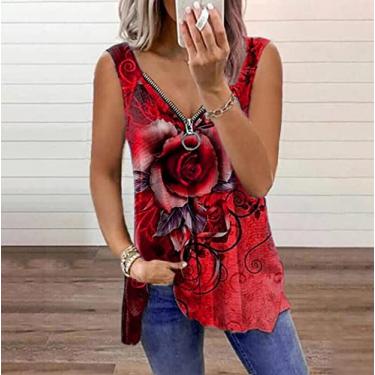 Imagem de yeacher 2021 verão quente estilo novo comércio exterior roupas femininas europeias e americanas com decote em v rosa zíper colete feminino camiseta sem mangas top vermelho XL