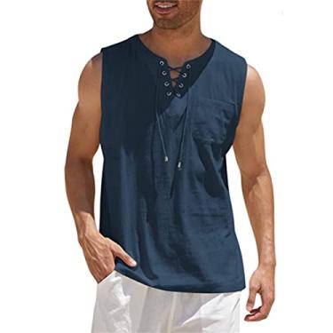 Imagem de Camiseta regata masculina de algodão e linho casual sem mangas moda camisetas hippie de praia, Azul escuro, Large