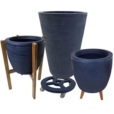 Imagem de Kit 3 Vasos De Polietileno + Suporte De Madeira P/Decoração Cor: Azul