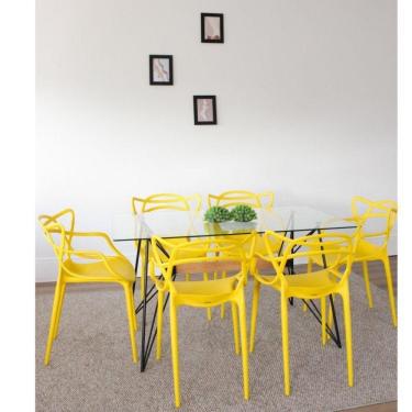 Imagem de Conjunto Sala de Jantar Mesa Araçá 140x75cm Tampo Vidro com 6 Cadeiras Allegra Rivatti Amarelo
