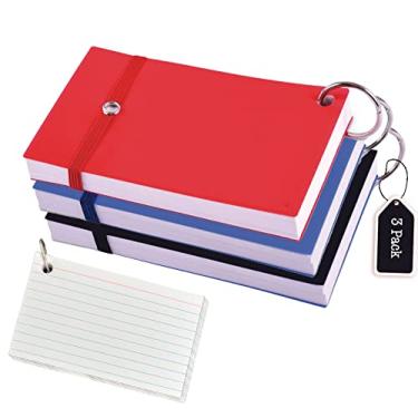 Imagem de Cartões de índice, pauta branca de 7,6 x 12,7 cm com anel, papel pautado para escola, aprendizagem, diário, receita, cartões didáticos | Cartão de índice de anel com elástico – 100 folhas por bloco – Pacote com 3