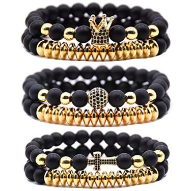 Imagem de HYHONEY Conjunto de 3 pulseiras de contas micro pavê de zircão coroa rei 8 mm para homens e mulheres pulseira de casal preto natural fosco ônix contas de hematita elástico ajustável, 7-7.5 inches