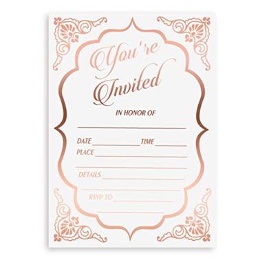 Imagem de Convites de casamento, folha de ouro rosa – pacote com 25 – Convite de casamento, prensado com carimbo quente. Convites de festa de aniversário, comemoração de aniversário, chá de panela, chá de bebê