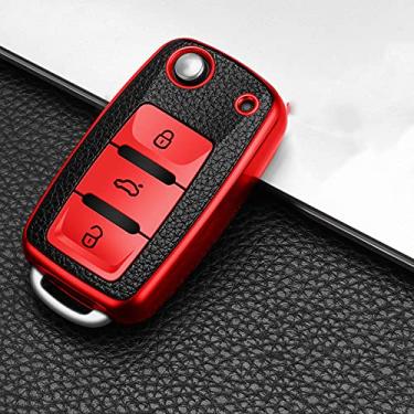 Imagem de YJADHU Capa de chave de carro de TPU masculina feminina, adequada para Volkswagen VW 4 5 6 Bora Jetta POLO Passat B5 B6 Skoda Octavia Fabia SEAT Ibiza Leon, vermelha